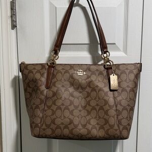 Coach Brown Signature Canvas Tote with Dark Brown Leather Handles